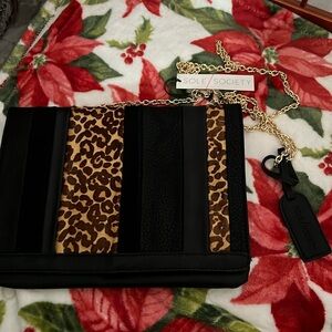 Sole society black and cheetah print cross body purse with gold chain